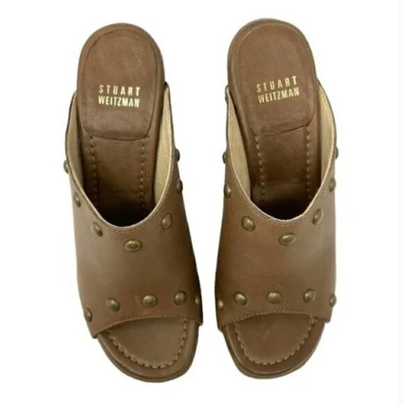 Stuart Weitzman Sequoia Brown Leather Studded Open Toe Wood Clogs - Size 6.5 - Picture 5 of 9